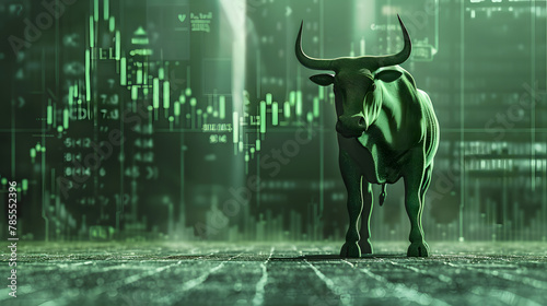 Bull and stock market graph. Double exposure