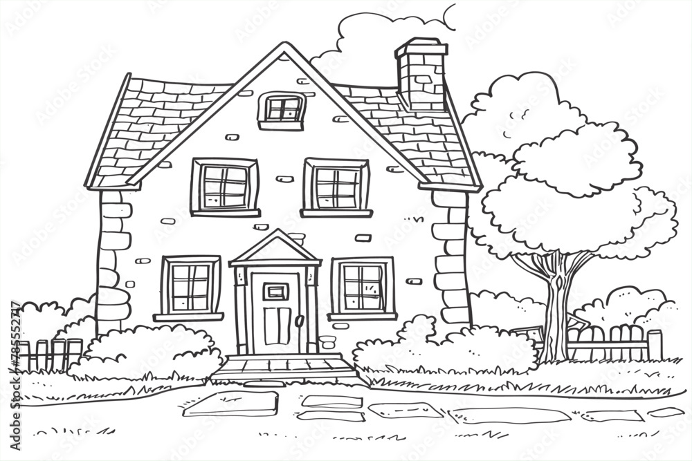 Cute kids coloring page. Landscape with clouds, house. gingerbread house coloring page. A coloring page for kids, bold black lines, of a house.