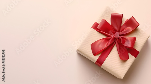 Craft paper gift box with a bold red bow isolated on white ,White gift box with red ribbon on white background