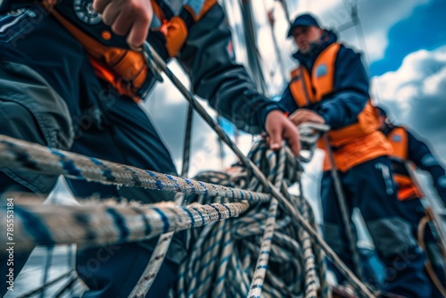 Team of Sailors Working on Sailboat Rigging