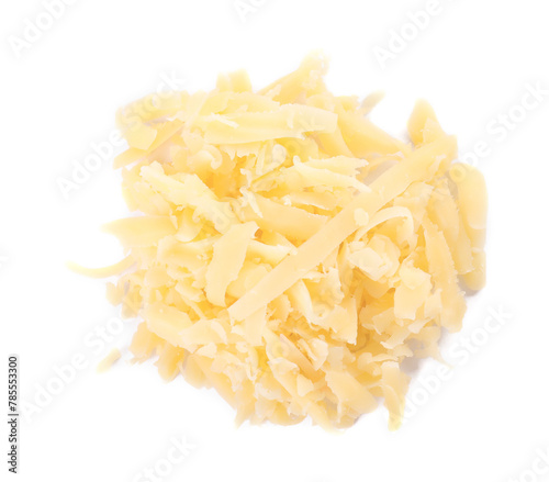 Pile of tasty grated cheese isolated on white  top view