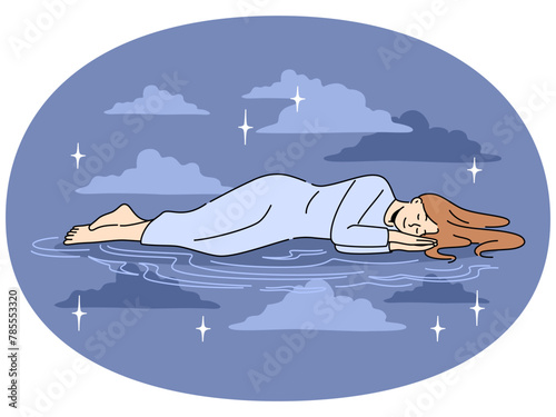 Calm woman lying sleeping in space among stars. Relaxed girl enjoying peaceful sleep in dark night sky. Daydreaming and relaxation. Vector illustration.
