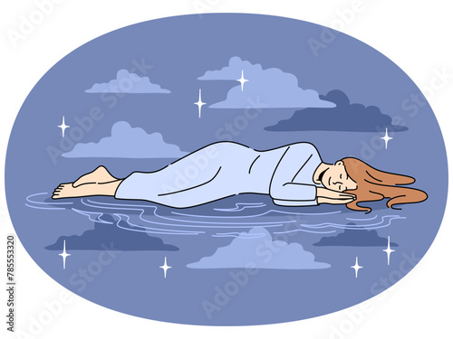 Calm woman lying sleeping in space among stars. Relaxed girl enjoying peaceful sleep in dark night sky. Daydreaming and relaxation. Vector illustration.