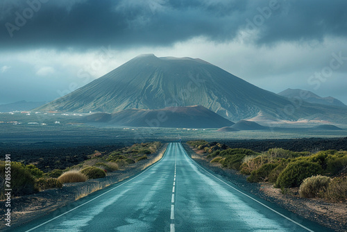 Image related to unexplored road journeys and adventures. Road through the scenic landscape to the destination in Lanzarote natural park