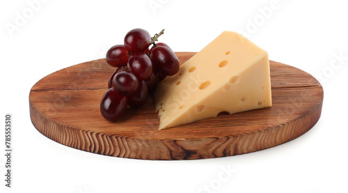 Piece of delicious cheese and grapes isolated on white
