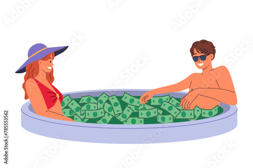 Wealthy couple swims in pool filled with money, enjoying luxury of high investment returns. Wealthy man tries to charm woman by boasting of big profits from business or salary from corporation © aprint22com