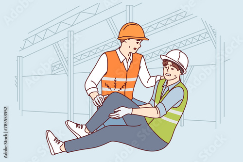 Construction worker helps colleague broke leg and was injured at work due to safety violation. Man in construction uniform needs doctor help and compensation after incident while working.