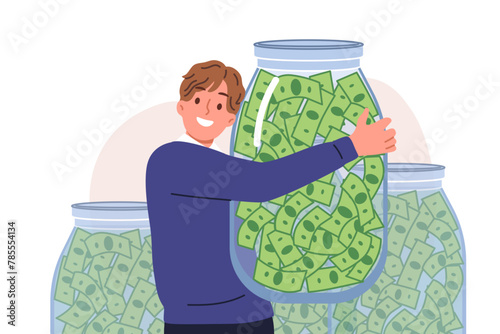 Rich man hugs jar of money, rejoicing at accumulation in pension account and dividends receives. Rich guy became money millionaire thanks to financial literacy and presence of investment consultant