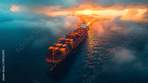 A large cargo ship loaded with colorful containers navigates through calm ocean waters under a captivating sunset enveloped by mist photo