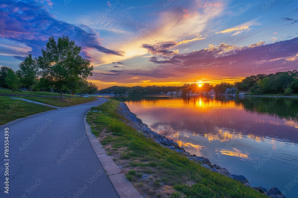 Golden Sunset Reflecting on Serene Lake with Pathway