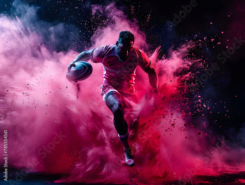 A rugby player runs with a ball through colored dust. AI generated. 