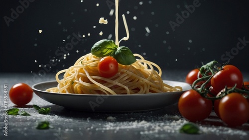 Tasty delicious pasta with parmesan cheese, tomatoes and basil leaves on black and gray background. Beautiful spaghetti noodles food meal photography illustration wallpaper concept.