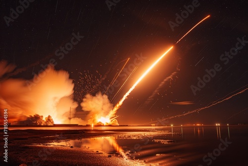 Nocturnal Rocket Liftoff Showing Bright Trajectory Over Water