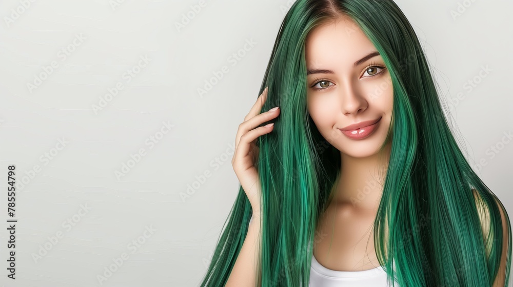 Woman showcasing green sleek, shiny hair post-shampoo. Portrait of beauty and haircare. Woman showcasing green sleek, shiny hair post-shampoo. Portrait of beauty and haircare.