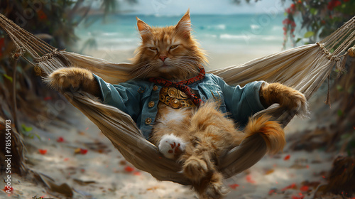 cat is lying on a hammock in the sea resting