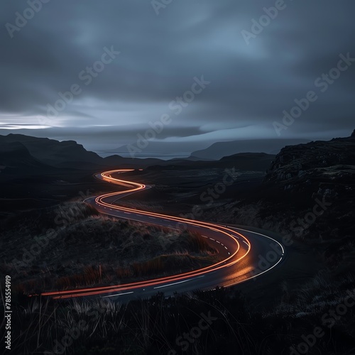 Light trails intertwining over a dark landscape, representing collaboration, twilight setting, text space on the side.