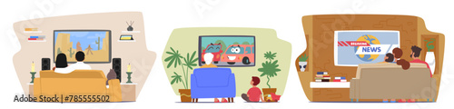 Cozy Scenes, Family Characters Gathered On Couch, Sharing Snacks, Laughter And Conversations While Immersed In Tv Show