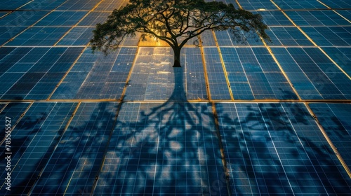 Environmental Concepts: A photo of a leafy tree casting a shadow over solar panels photo