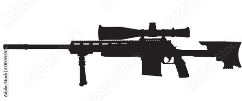 Black modern rifle sniper silhouette with telescopic sight and bipod on white background. Sniper icon. Sniper vector illustration. photo