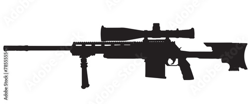 Black modern rifle sniper silhouette with telescopic sight and bipod on white background. Sniper icon. Sniper vector illustration.