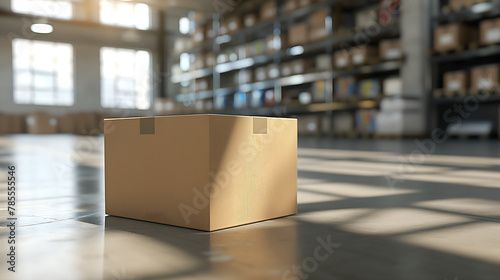 A cardboard boxe package in a big retail warehouse full of shelves. Indoor shot. © wittayayut