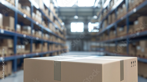 A cardboard boxe package in a big retail warehouse full of shelves. Indoor shot. photo