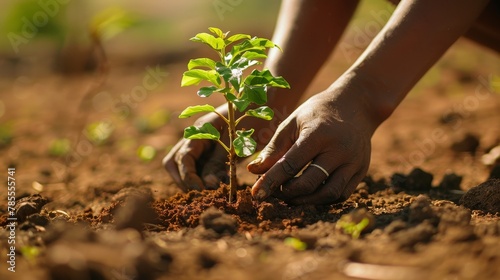 Environmental Conservation  A photo of a person planting a tree in a barren landscape