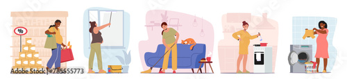Pregnant Women Characters Engage In Household Activities Such As Cooking, Cleaning, Shopping And Nesting