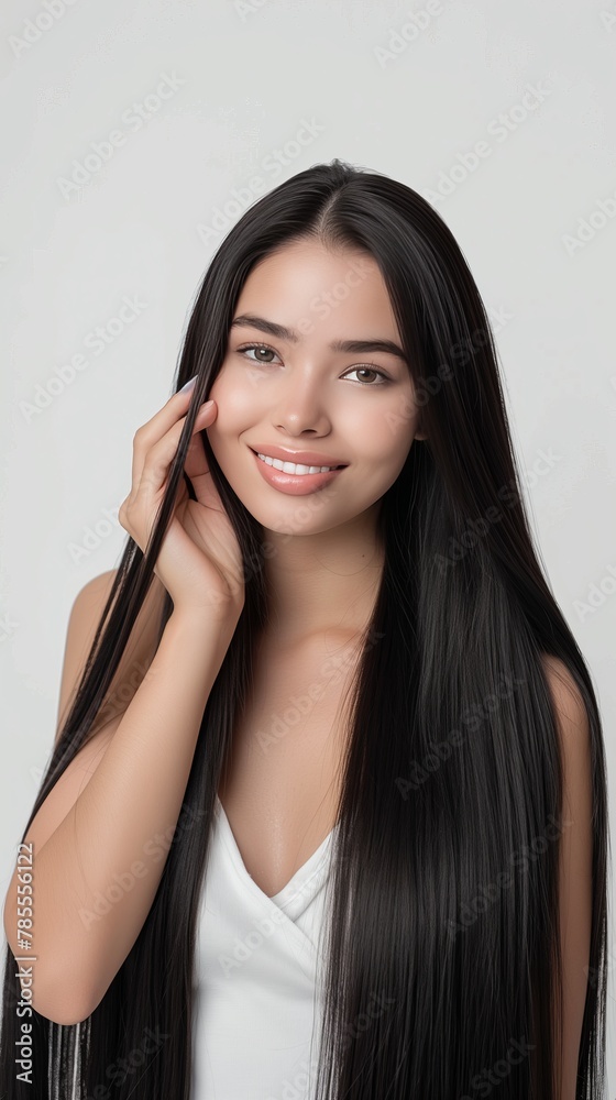 Woman showcasing black sleek, shiny hair post-shampoo. Portrait of beauty and haircare. Woman showcasing black sleek, shiny hair post-shampoo. Portrait of beauty and haircare.