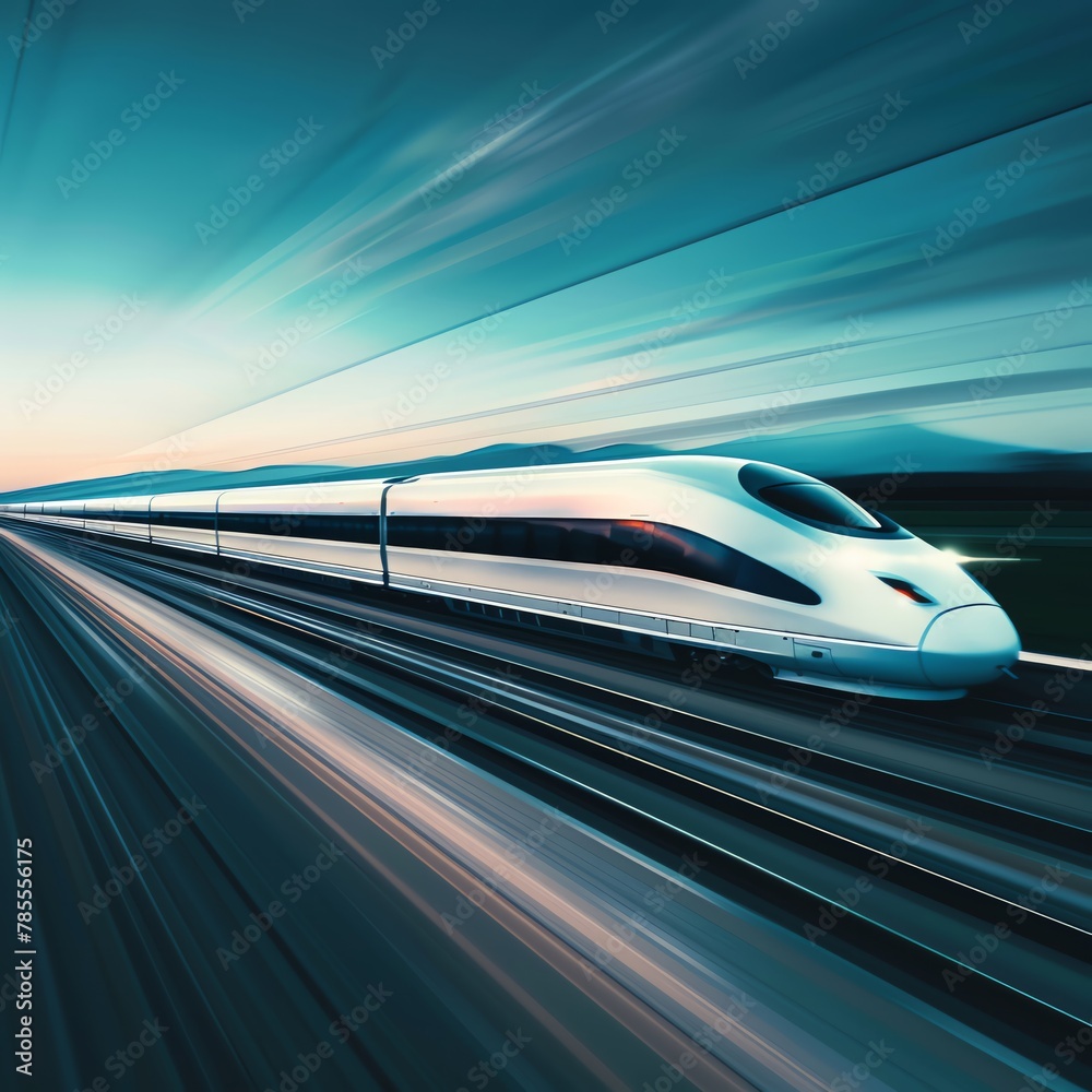Minimalist high-speed train moving through a landscape, motion blur, abstract business growth metaphor, text space above.