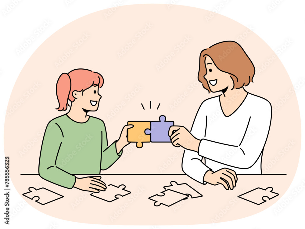 Smiling mother and daughter solve puzzles together. Happy mom and girl child connect jigsaw pieces engaged in funny game sitting at table. Vector illustration. Smiling mother and daughter solve puzzles together. Happy mom and girl child connect jigsaw pieces engaged in funny game sitting at table. Vector illustration.