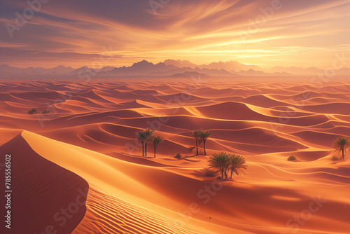 Majestic Sunrise Over Desert Sands  Golden Glow Landscape Scene