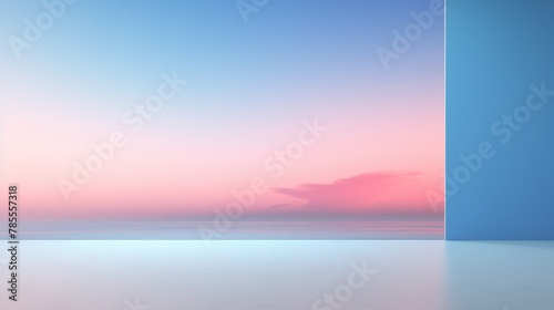 Empty Room With Blue Wall and Pink Sky