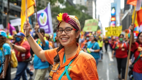 Labor Day parade with workers from various industries marching with banners and flags, showcasing pride in their professions