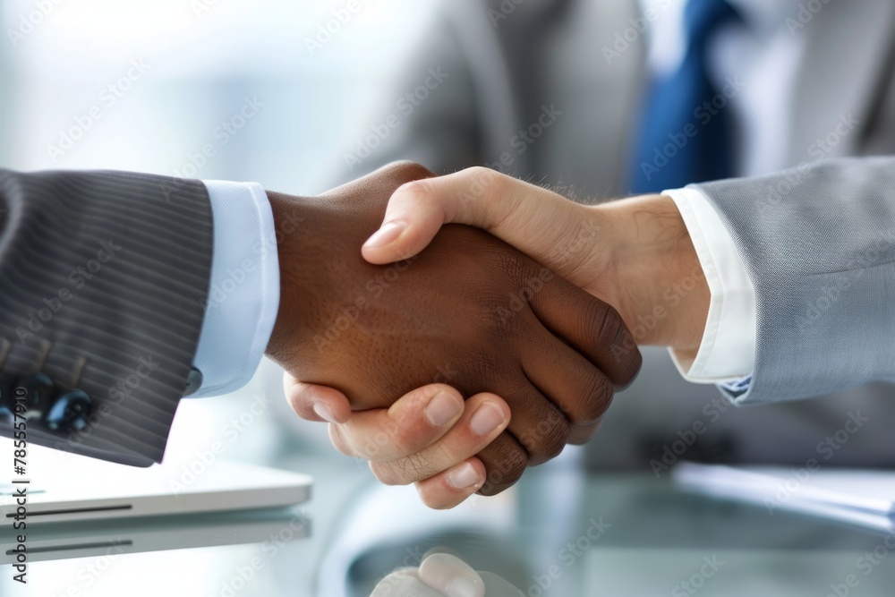 close up of two business people shaking hands over desk with a businessman in the background Generative AI