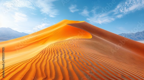  A sizable sand dune in the heart of a desert, backed by a blue sky and scattered clouds