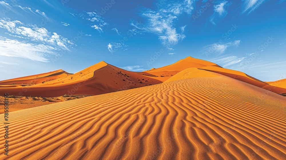   A group of sand dunes in the desert beneath a blue sky with wisps of clouds