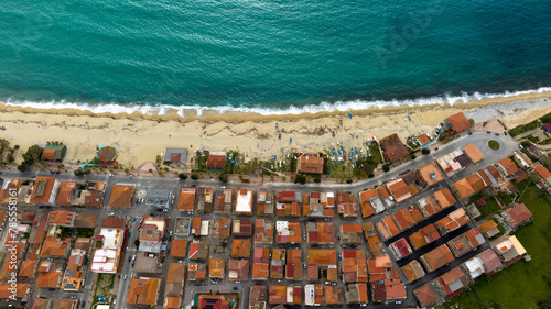 Aerial view of Nicotera Marina, a seaside hamlet of the municipality of the same name located on a hill in southern Italy. Small village along the coast of the Mediterranean Sea.
