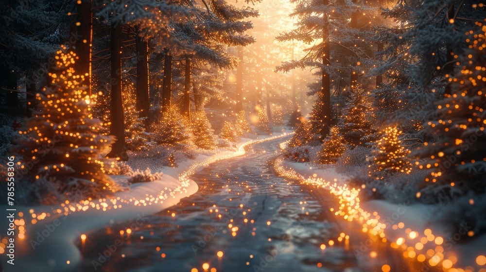 Illuminated Winter Path Through Snowy Forest Illuminated Winter Path Through Snowy Forest