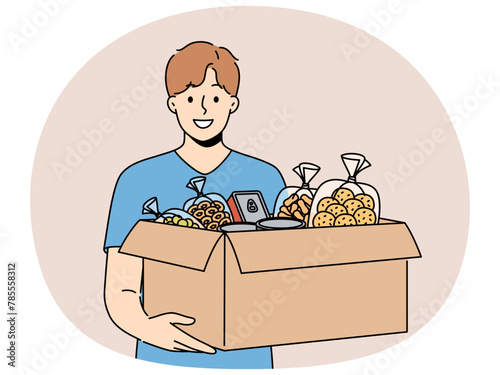 Smiling male volunteer with box of food bring donation at crisis or refugee center. Happy man activist volunteer help homeless or poor people. Vector illustration.