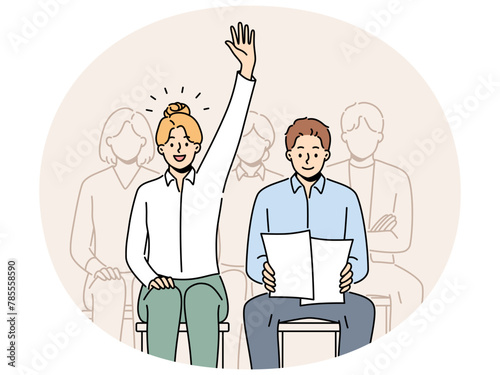 Smiling woman raise hand volunteer at team meeting in office. Confident female employee ask or answer question at seminar or conference. Vector illustration.