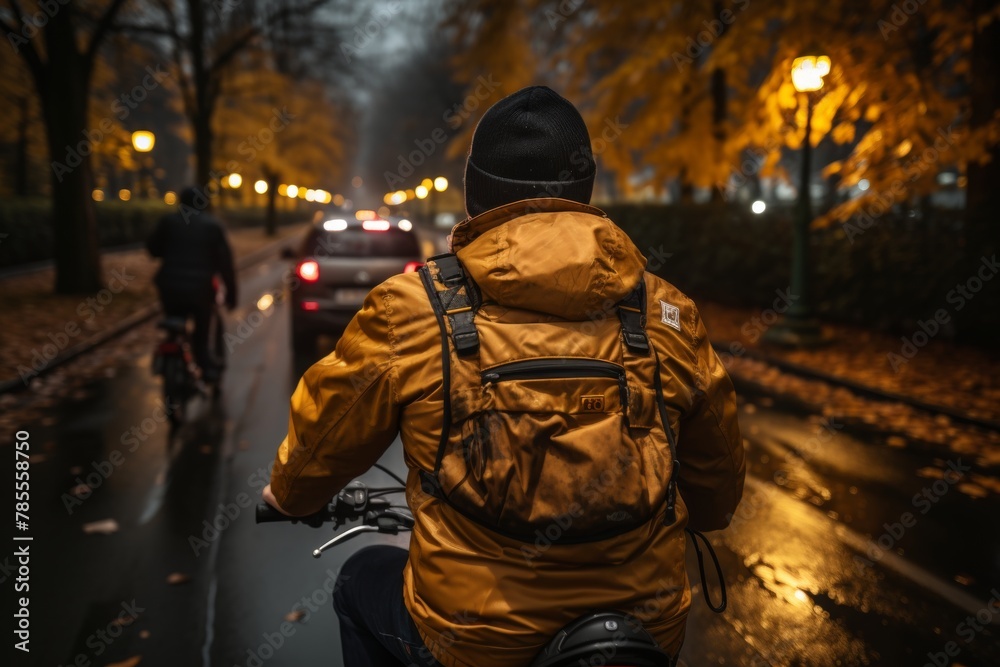 Food delivery courier with large backpack cycling on city street for quick meal delivery. Food delivery courier with large backpack cycling on city street for quick meal delivery.