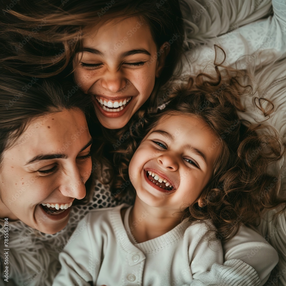 Top view of a mother and her daughter laughing cheerfully Top view of a mother and her daughter laughing cheerfully