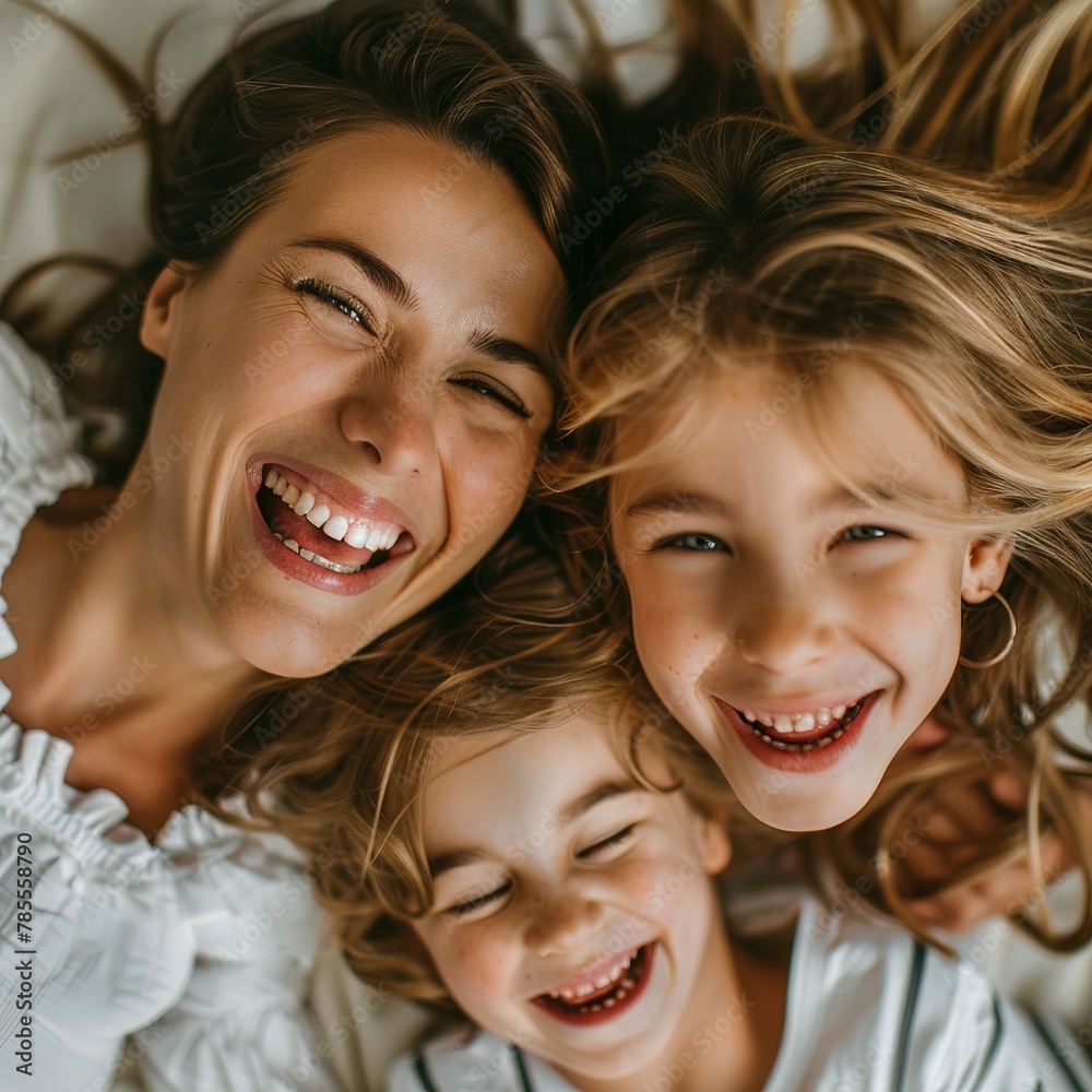 Top view of a mother and her daughter laughing cheerfully Top view of a mother and her daughter laughing cheerfully