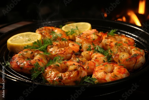 Assorted seafood bbq with prawn and salmon, herbs, lemon, copy spaceoutdoor grilling scene for text.