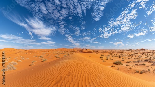   A vast expanse of sand in the desert beneath a blue sky dotted with wispy clouds