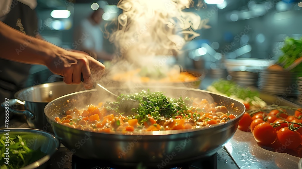 Steam rising from a pot as chefs stir a rich, aromatic broth filled with fresh herbs and vegetables, the kitchen bustling with energy - obrazy, fototapety, plakaty 