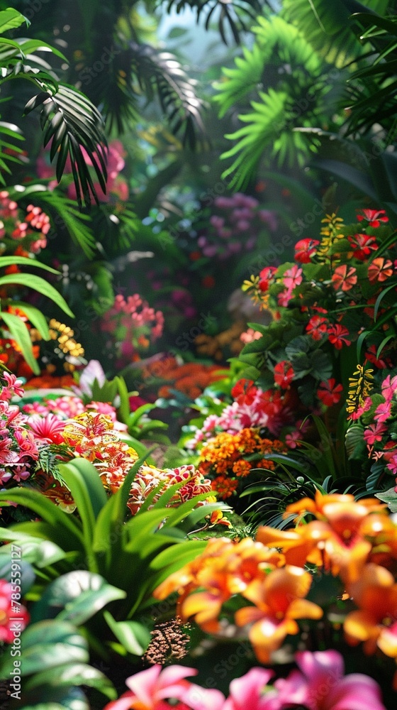 A beautiful garden filled with vibrant, exotic flowers ,3DCG,high resulution,clean sharp focus A beautiful garden filled with vibrant, exotic flowers ,3DCG,high resulution,clean sharp focus