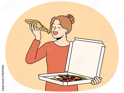 Happy woman with cardboard delivery box eating tasty pizza. Smiling girl enjoy Italian fastfood from restaurant delivery. Vector illustration.
