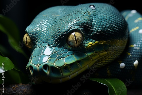 A lithe green tree python draped over the sturdy branch of a towering tree, its emerald scales blending seamlessly with the verdant foliage photo